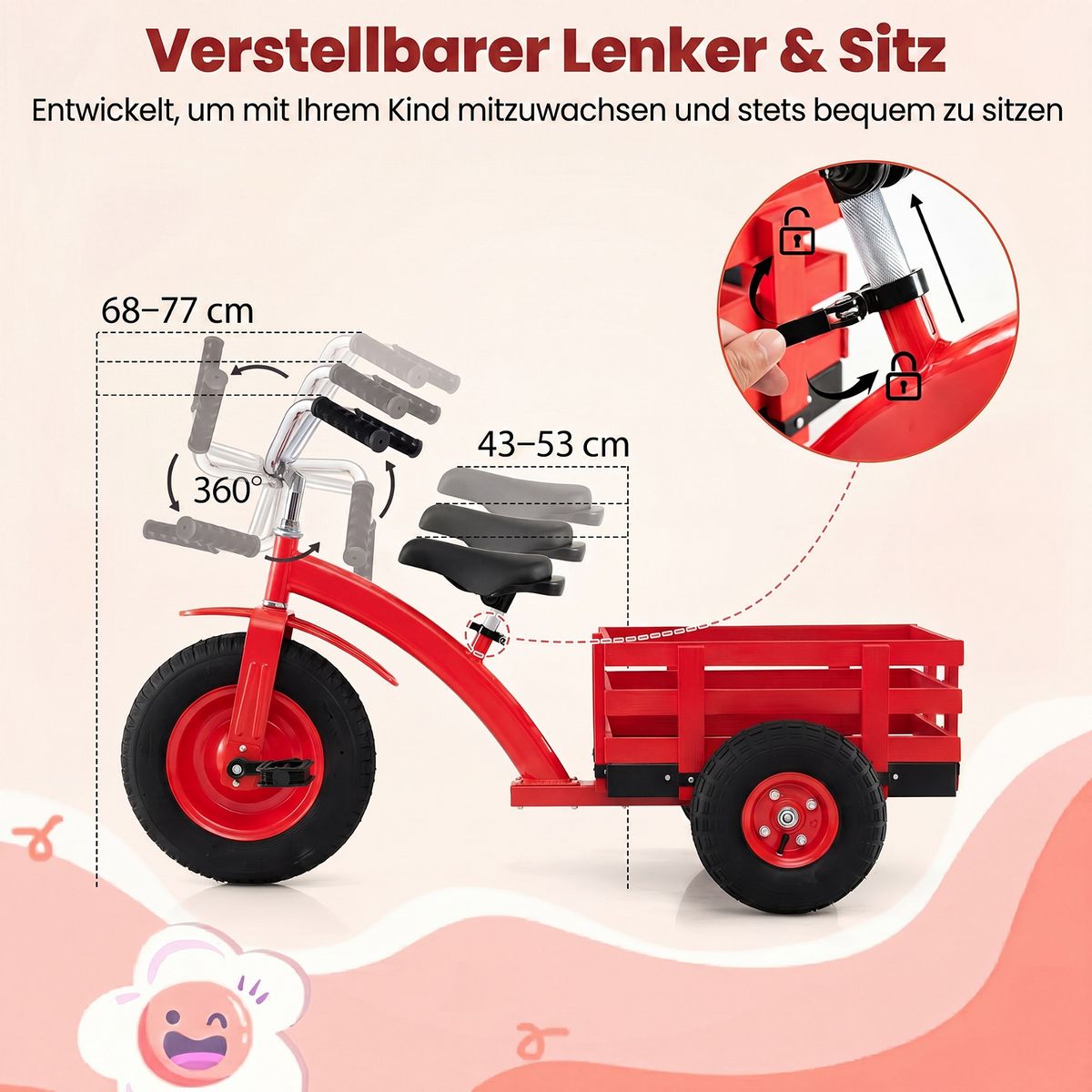Tricycle pour enfants Coast avec guidon et selle réglables - avec remorque - rouge