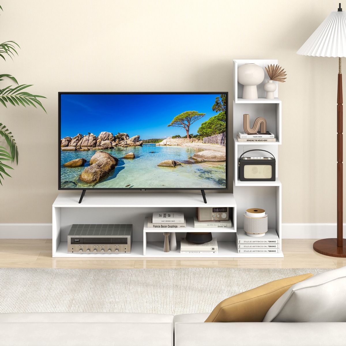 Meuble TV Coast - de forme cubique - étagères de rangement en L - blanc/marron - pour téléviseurs jusqu'à 50 pouces