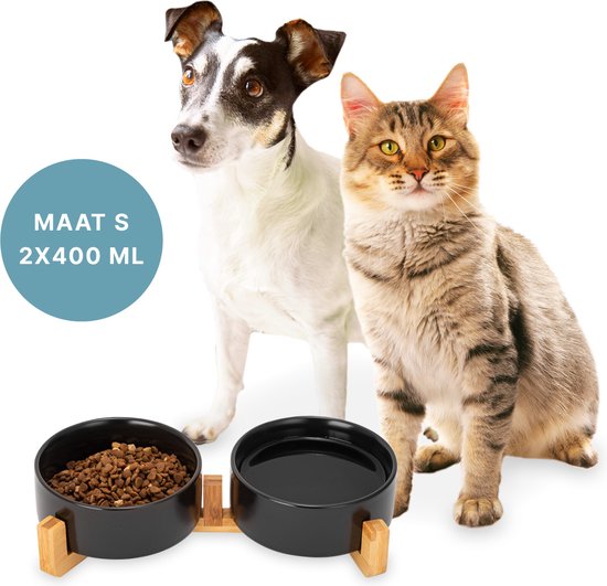 Gamelle chien - Gamelle chat - Abreuvoir - Avec support - 2x 400 ml - Taille S - Noir