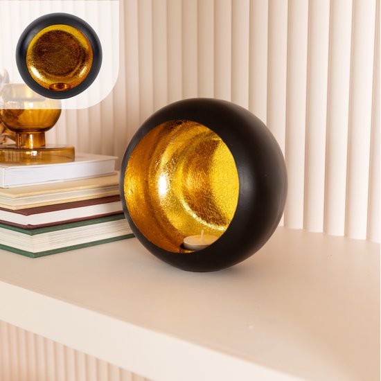 Gadgy Porte-lampions rond - Porte-lampions - Décoration de Noël Salon - Lumière d'ambiance à l'intérieur - Porte-bougies pour bougies 17x17 cm - Lampe à vent en métal - Noir/Or - Cadeau pour femme