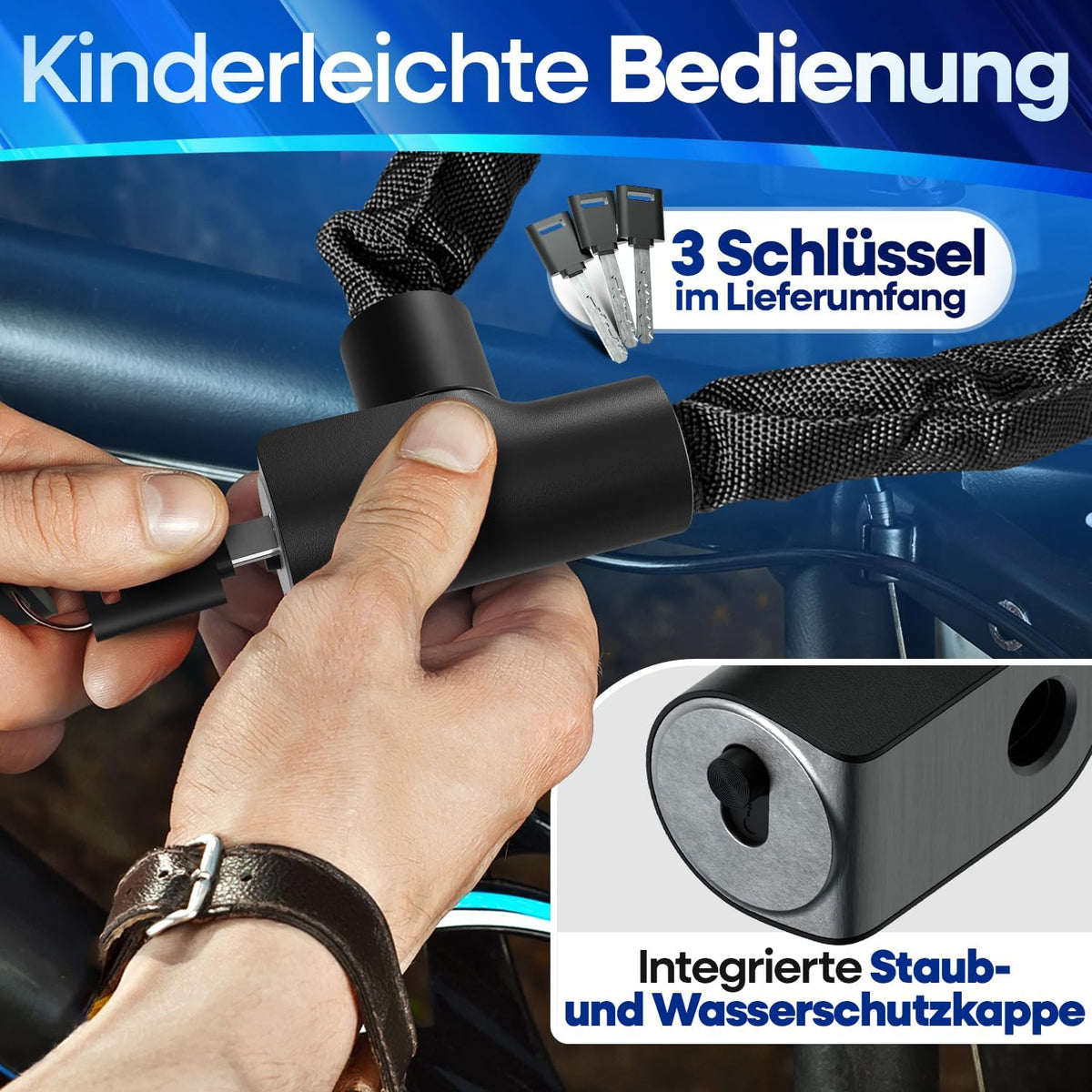 NEXTCOVER® Cadenas à vélo LockOne avec clé I - [SAFE] Cadenas à vélo haute sécurité I cadenas à chaîne robuste et durable I Cadenas à vélo, cadenas à vélo 3 clés