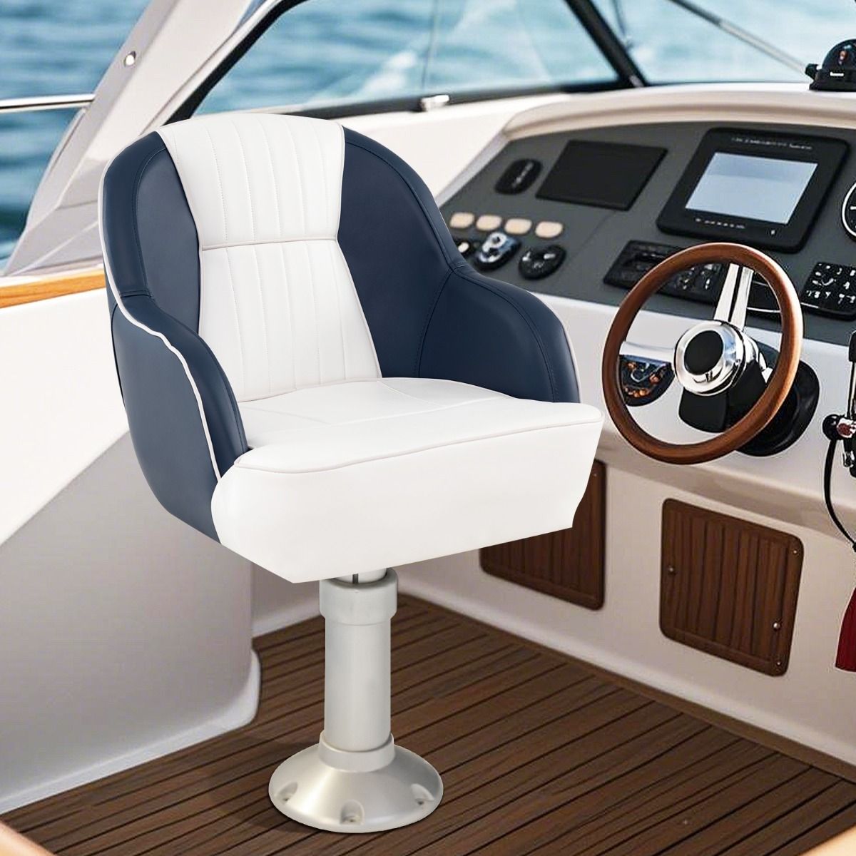 Siège de capitaine Coast pour bateau - rembourrage en mousse épaisse - cuir PVC imperméable - bleu et blanc