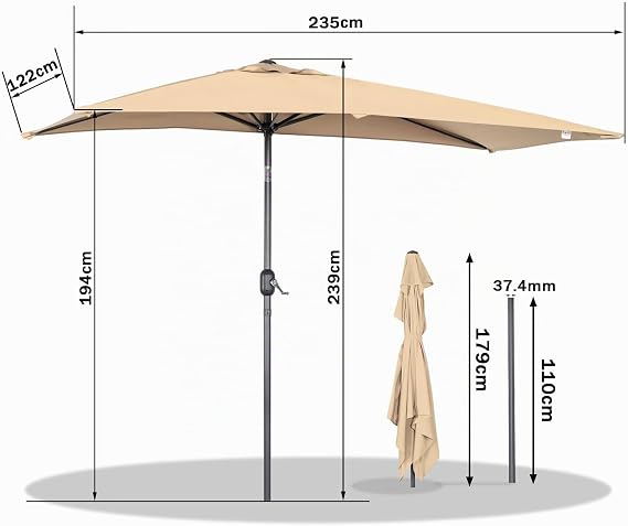 Parasol de jardin carré Angel Living 2,5 x 1,3 m – Beige, Terracotta, Crème ou Gris – Protection UV UPF 50+