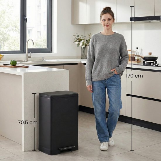 Bayt Poubelle - Poubelle 60 litres - Poubelle à pédale 60 litres - Poubelle - Inclus 2 rouleaux de sacs poubelles - acier inoxydable - Noir