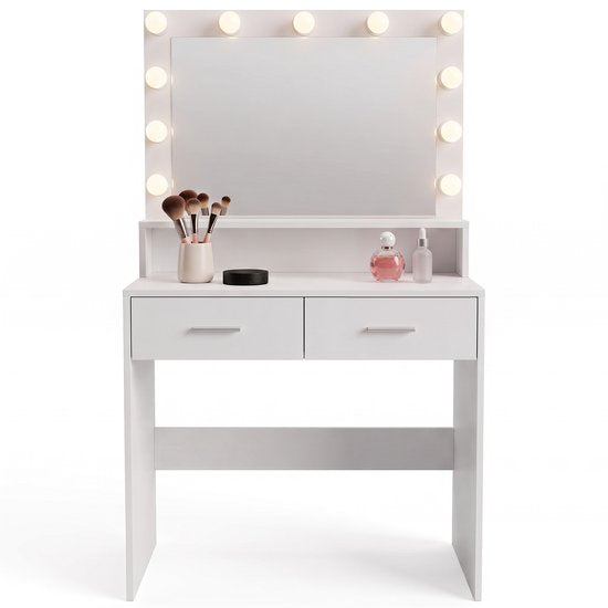 Table de maquillage Infinity Goods - Avec miroir et 11 lampes LED - Nombreux rangements - Intensité lumineuse réglable - Blanche