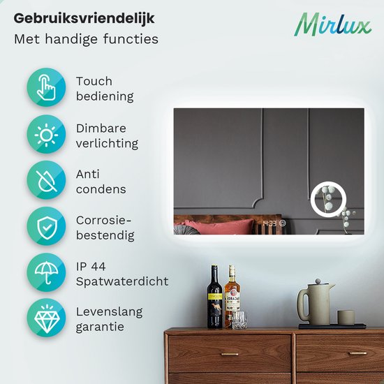 Mirlux Miroir de salle de bain avec éclairage LED et chauffage - Miroir mural rectangulaire - Miroir de douche anti-condensation - 120x80CM