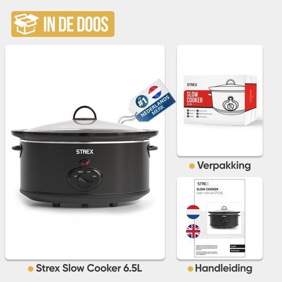 Mijoteuse Strex 6.5L - Cuve intérieure amovible en céramique - Fonction maintien au chaud - Mijoteuse - Noir
