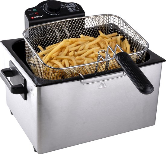 Friteuse Alpina 5 litres - Friteuse double avec 3 paniers - Friteuse à température réglable jusqu'à 190 °C - Friteuse 2 000 W - avec hublot - en acier inoxydable