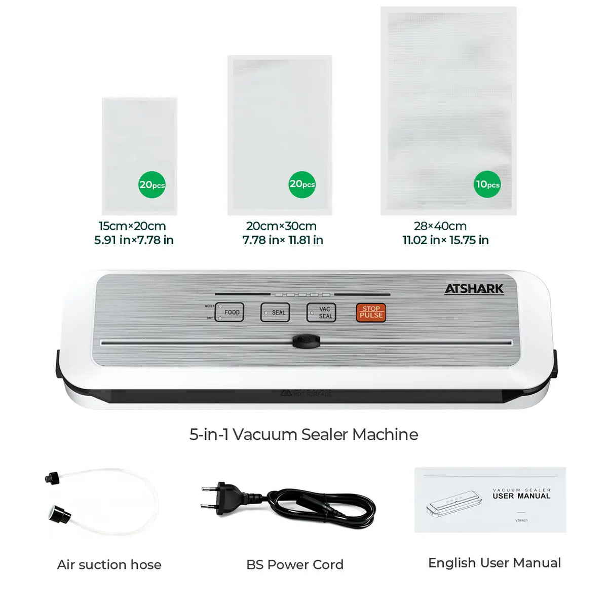Machine sous vide ATSHARK 5-en-1 – Écran tactile haute pression, rapide et pratique, 50 sachets sous vide inclus, idéale pour la conservation des aliments à la maison, blanche, VS6621