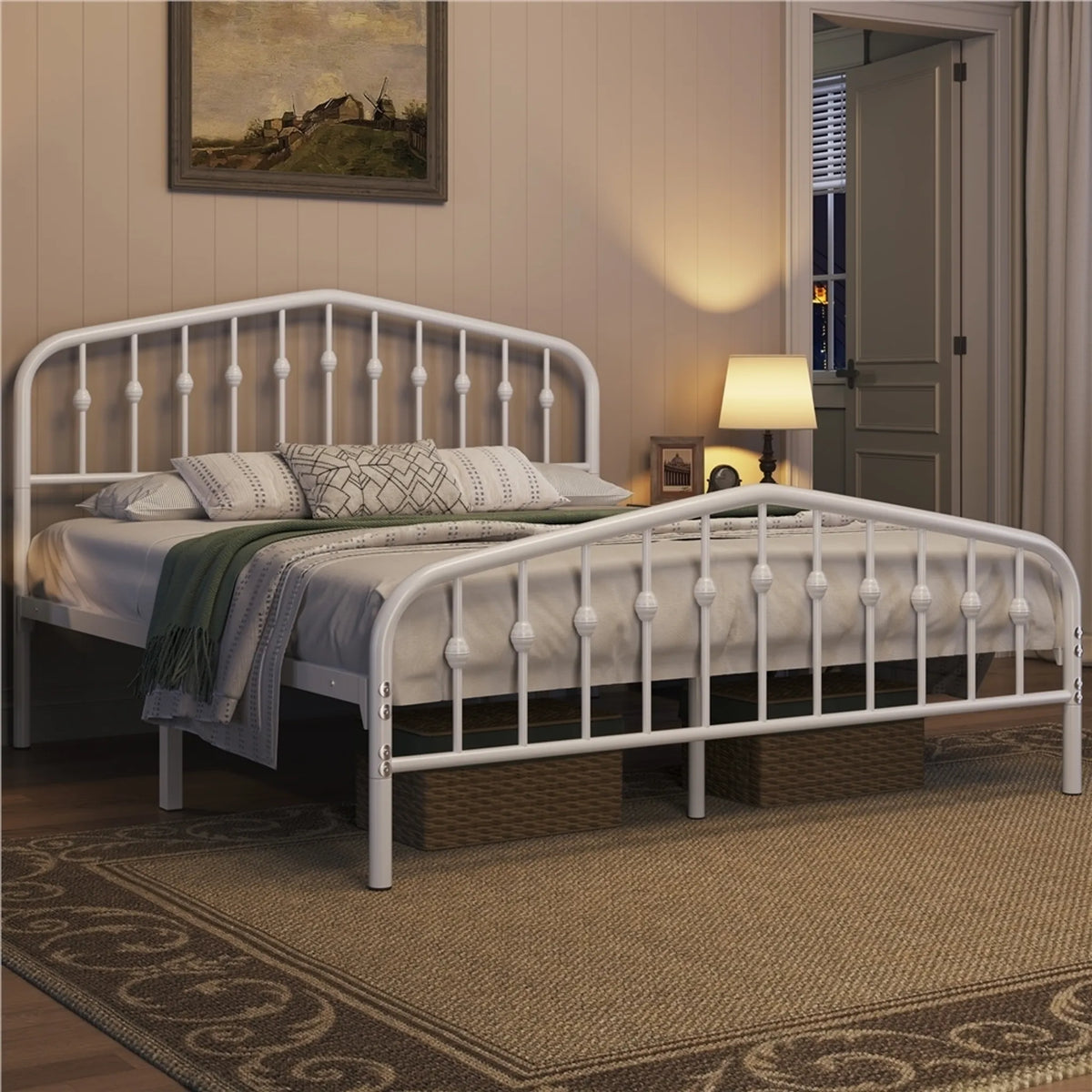 Lit classique en métal Yaheetech avec tête de lit haute 160 x 200 cm – Blanc – Métal