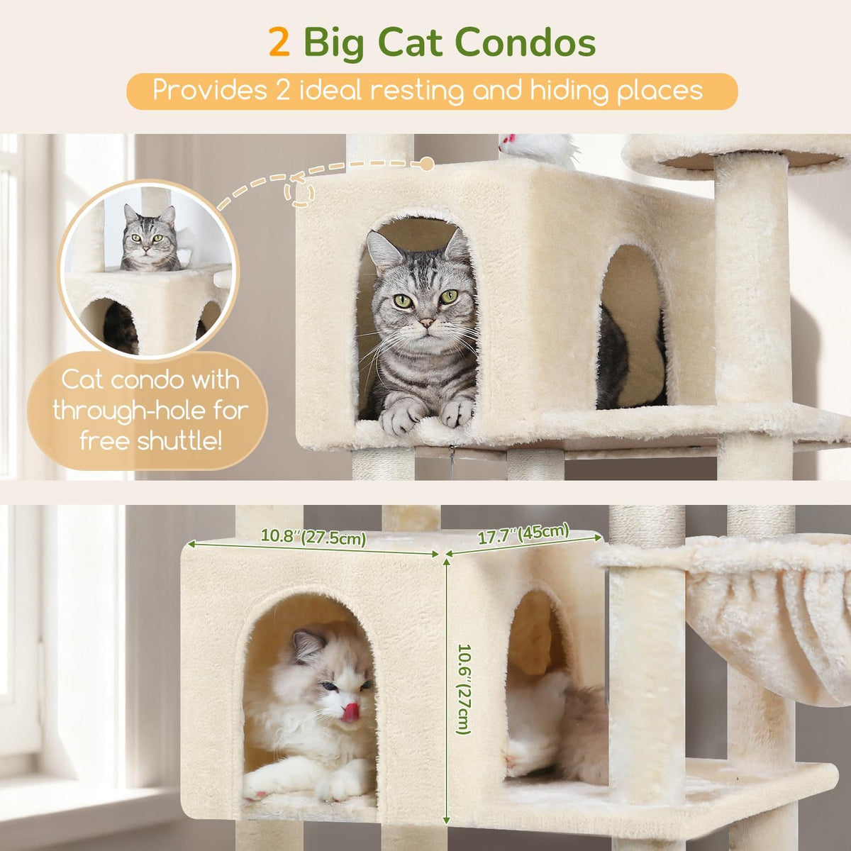 Arbre à chat Yaheetech 174,5 cm – avec 2 maisonnettes, un hamac et des poteaux en sisal, beige
