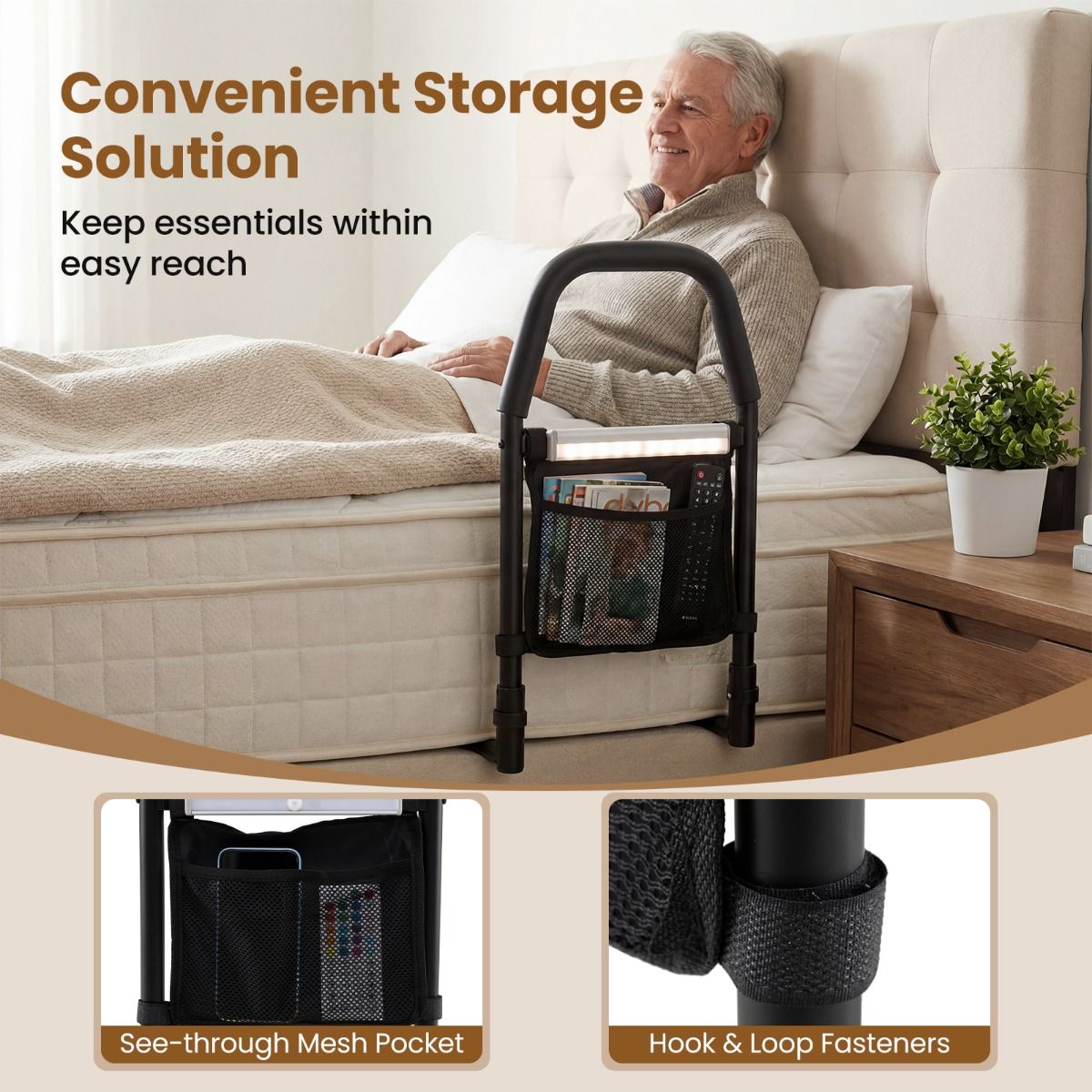 Barrière de lit Coast avec poignée de sécurité - Veilleuse LED avec détecteur de mouvement - Compartiment de rangement - Noir