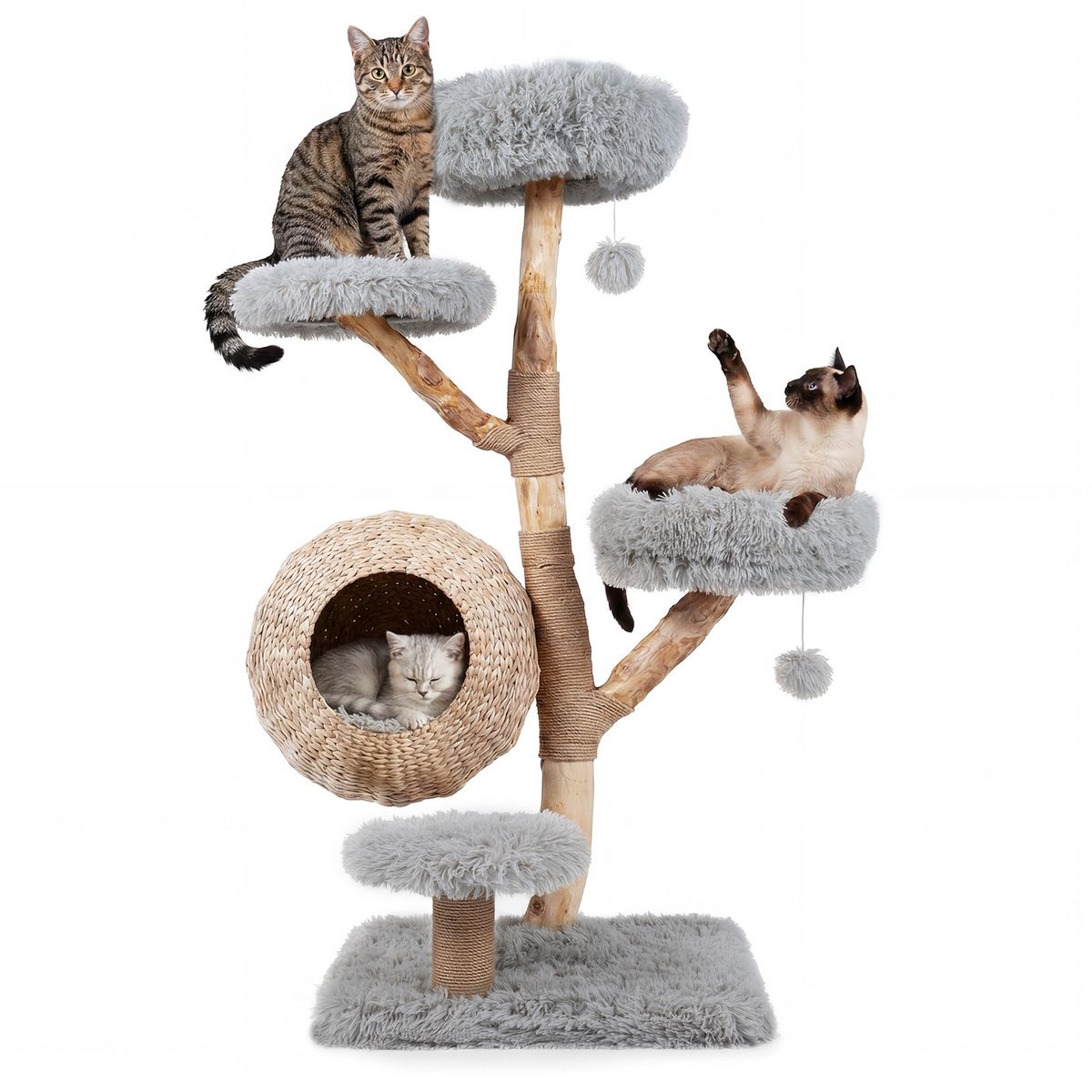 Arbre à chat Coast à cinq étages - niche pour chat tressée à la main - poteaux à griffer en jute - gris