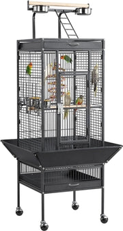 Yaheetech Cage pour perroquets avec plateau de jeu - équipée d'un collecteur de graines, de tiroirs à fumier extensibles et de portes d'alimentation - pour perruches et perroquets - Fer noir poudré - 65,5 x 65,5 x 156 cm