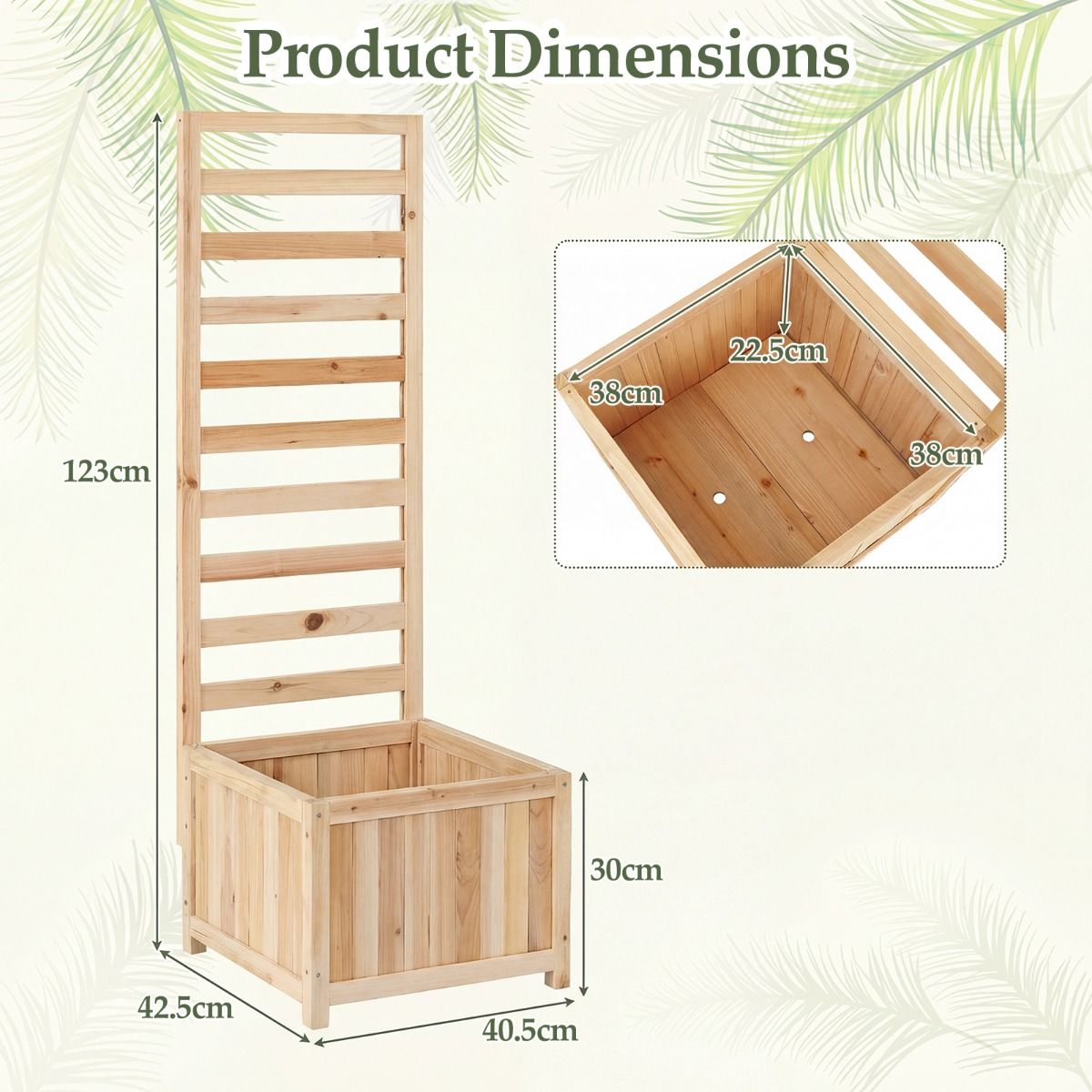 Jardinière surélevée en bois Coast avec treillis d'escalade - avec trous de drainage - panneaux réglables - couleur naturelle - 123 cm