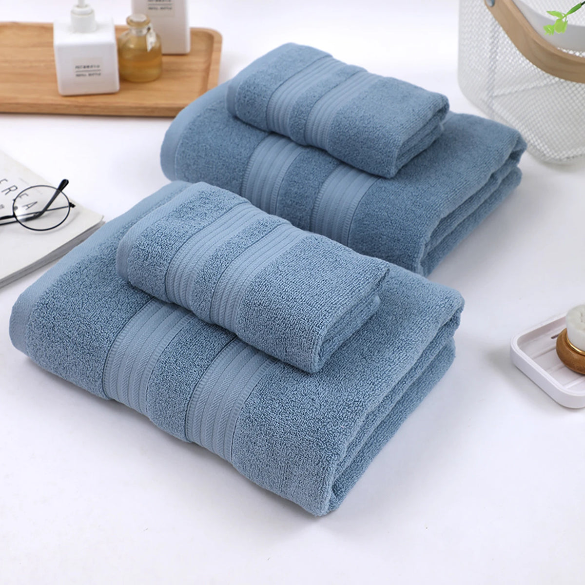 Lot de 4 serviettes de bain Tuqiang - Bleu - 100 % coton, fil brossé