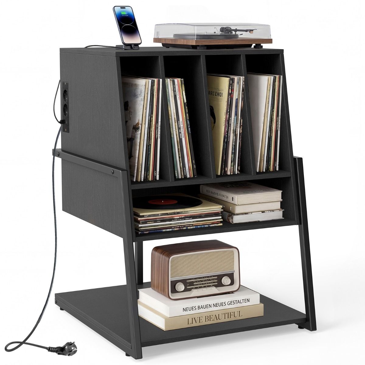 Étagère à disques Coast - meuble de rangement en bois avec station de recharge - roulettes ou pieds réglables - noir/marron rustique - 54 x 57 x 76,5 cm