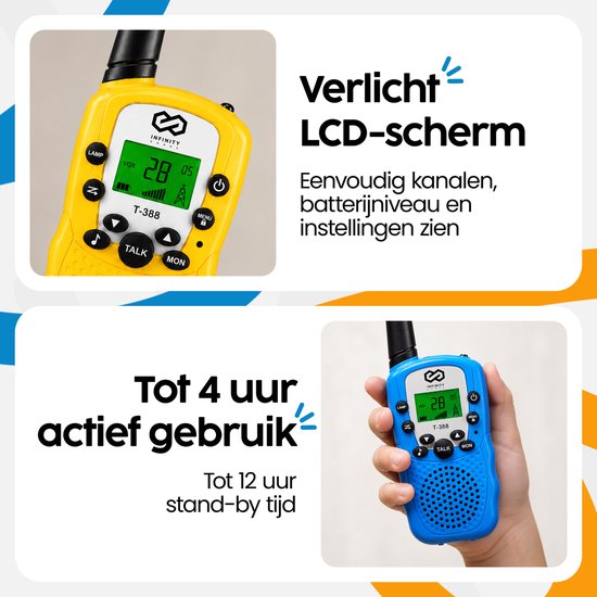 Talkie-walkie Infinity Goods - Pour enfants et adultes - Lot de 3 - Piles incluses - Portée de 3 km - Bleu, rose et jaune