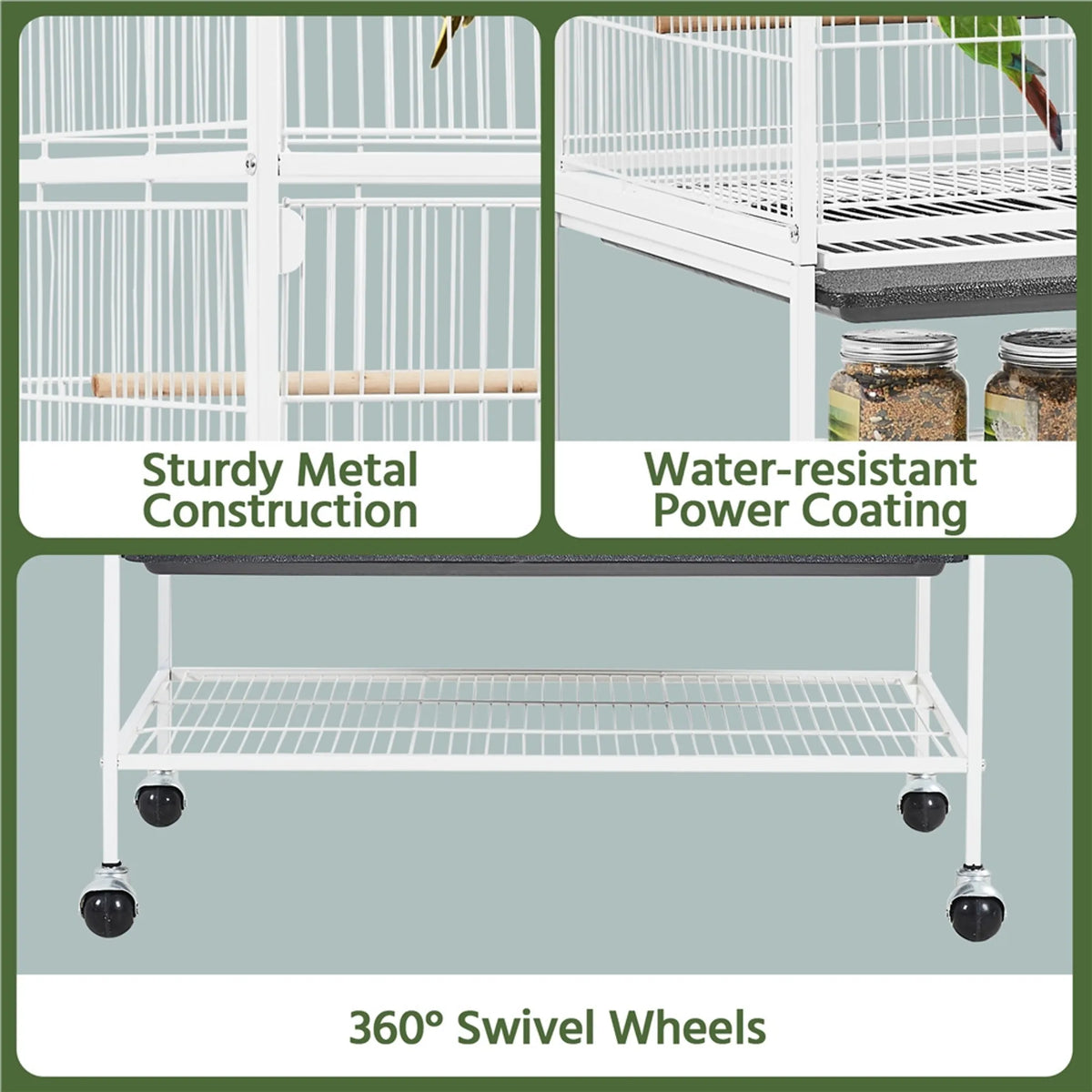 Yaheetech XXL Bird Cage With 360° Swivel Wheels - Fitted With Lower Storage Shelf And Three Perches And Secure Lock - For Parrots And Cockatoos - White Metal - 79 x 52 x 132 cm