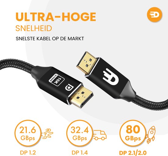 Drivv. Câble Displayport 2.1 - 16K 60Hz 8K 120Hz 4K 144Hz - 80Gbps - Displayport 2.1 - Câble DP - 3 mètres - Noir