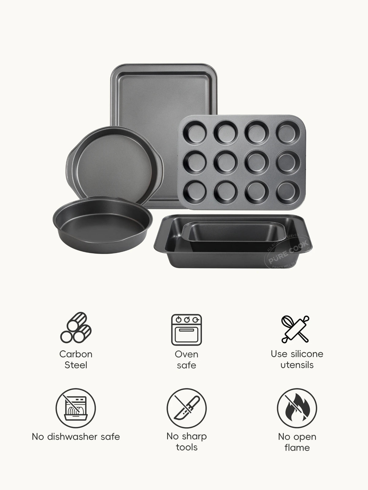 Ensemble de cuisine PURE COOK, 8 pièces - Gris - Acier au carbone antiadhésif - Moules à gâteaux, moule à pain, moule à muffins, plaque de cuisson