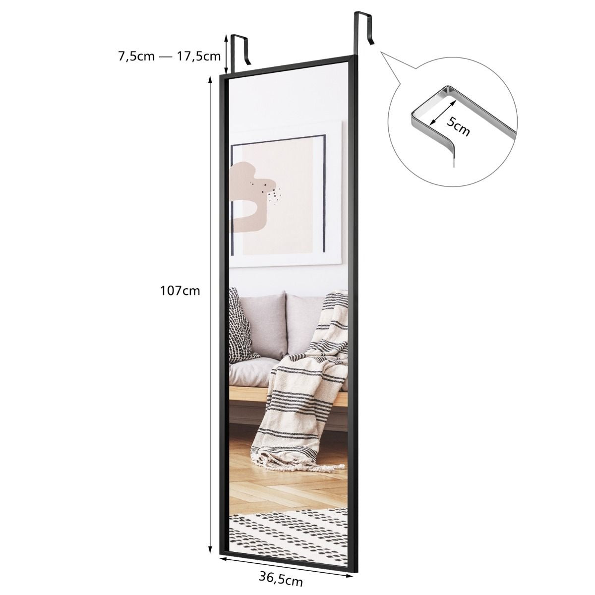 Miroir mural Coast - Réglable en hauteur - Noir - 107cm x 36,5cm