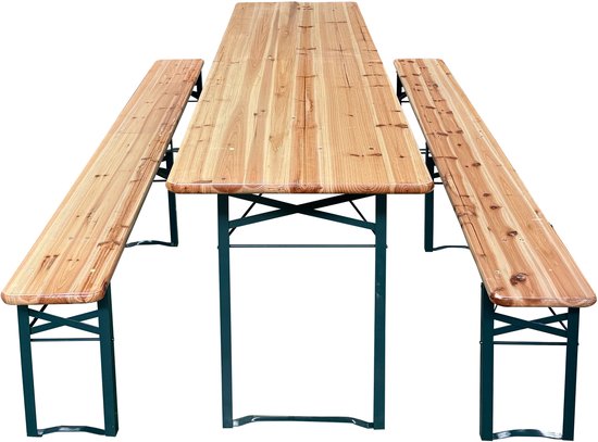 Ensemble de table de brasserie AXI Toon - Table pliante et 2 bancs – 220 cm – Structure en acier et bois – Avec embouts en caoutchouc – Table de pique-nique d'extérieur