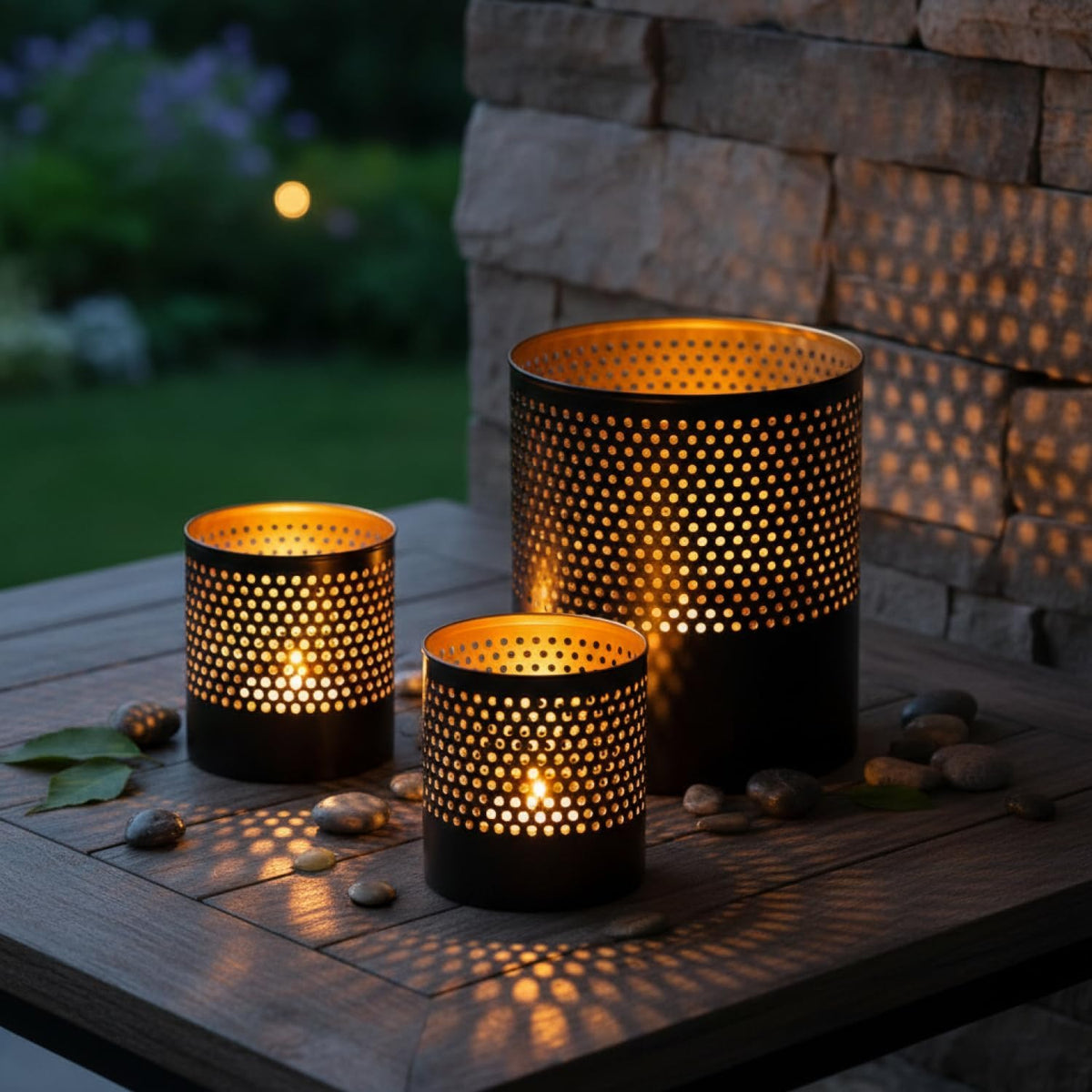 com-four® Lot de 3 lanternes en métal – Noir/Or – 7,5, 10 et 13 cm