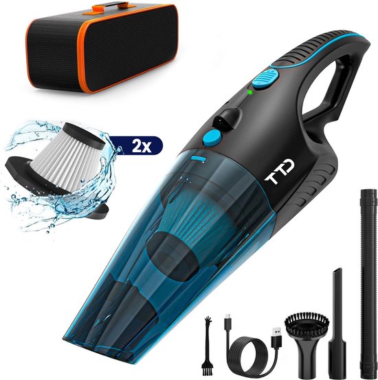 TTD® Premium Aspirateur de voiture sans fil avec sac de rangement de luxe - Extra puissant 14 000 Pa - humide et sec - 2 filtres HEPA de qualité supérieure inclus - Aspirateur de miettes sans fil - Aspirateur de voiture - Aspirateur à main - Dépoussiéreur