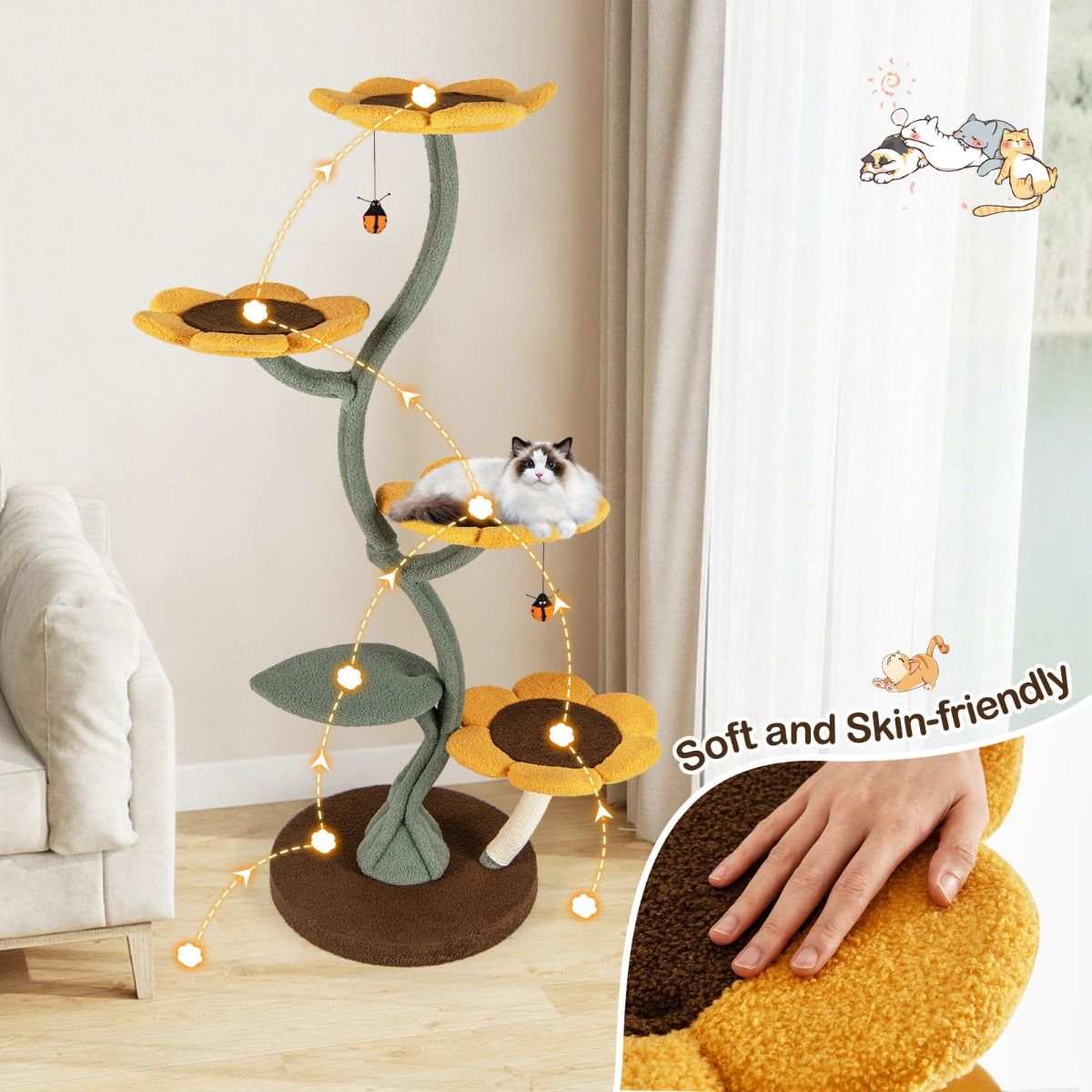 Arbre à chat Coast - motif tournesol - 5 plateformes - jaune, marron et vert - 175 cm