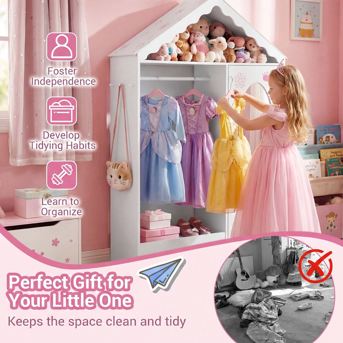 Armoire pour enfants Coast avec miroir - design en forme de toit - tringle à vêtements ouverte et étagères - blanche