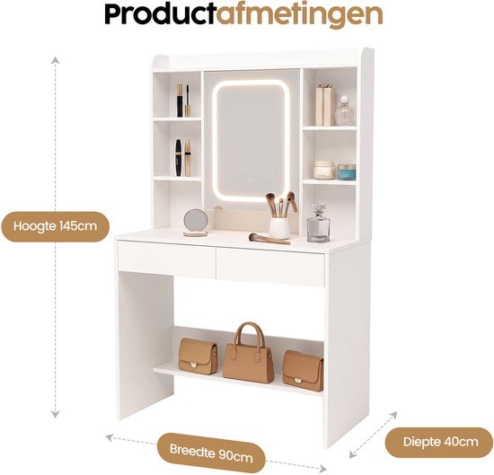 Infinity Goods : coiffeuse avec miroir LED - Table de maquillage - Très grand espace de rangement - Éclairage à intensité variable - Blanc