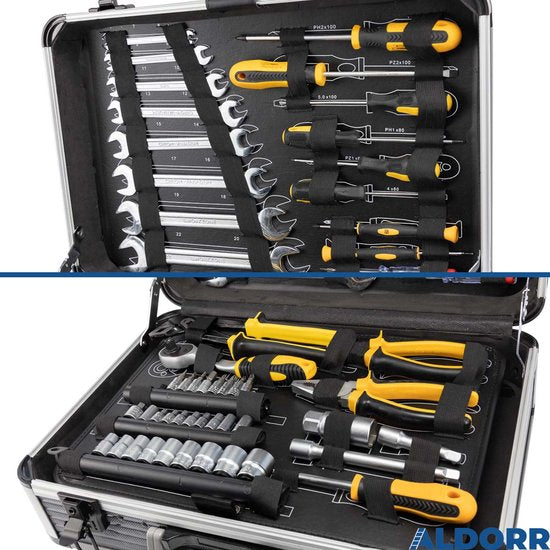 ALDORR Tools - 89 - Jeu d'outils en coffret - Boîte à outils - Coffret d'outils complet - Trousse à outils - Jeu de tournevis - Aluminium - Outils à main - Outils de base - Avec clé dynamométrique à cliquet - Cadeau pour homme - Cadeau de pendaison de cré