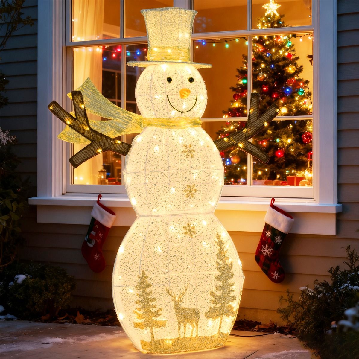 Décoration de Noël « Bonhomme de neige » Coast LED - 100 ampoules LED blanc chaud - 141 cm de haut - avec chapeau et écharpe - blanc
