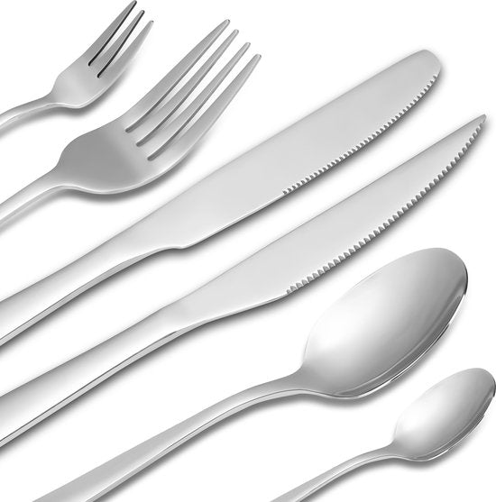 Deleca 12 Person Cutlery Set Essential (72 pieces) - Spoons, Knives, Forks, Steak Knives & Pastry Forks - Dishher safe Cutlery - Shiny Silver / Stainless Steel