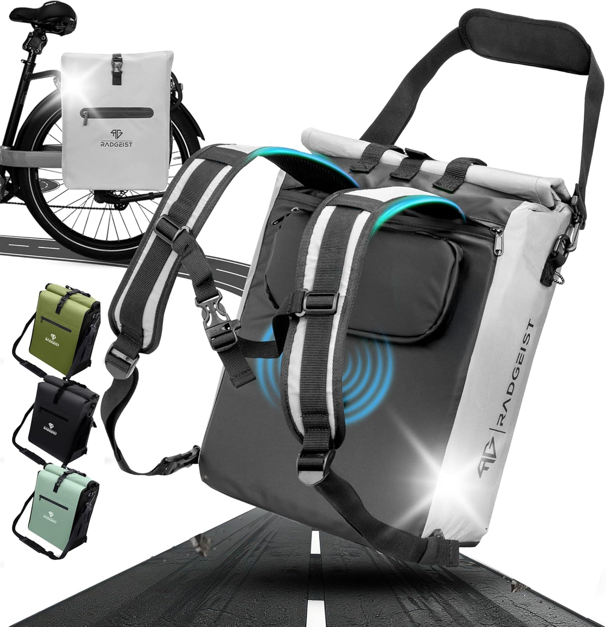 RADGEIST 3in1 sacoche vélo pour porteur - sac à dos vélo - sacoche vélo avec réflecteurs - sac à bandoulière - avec compartiment pour ordinateur portable - sac 100% étanche - 25L - entièrement réfléchissant