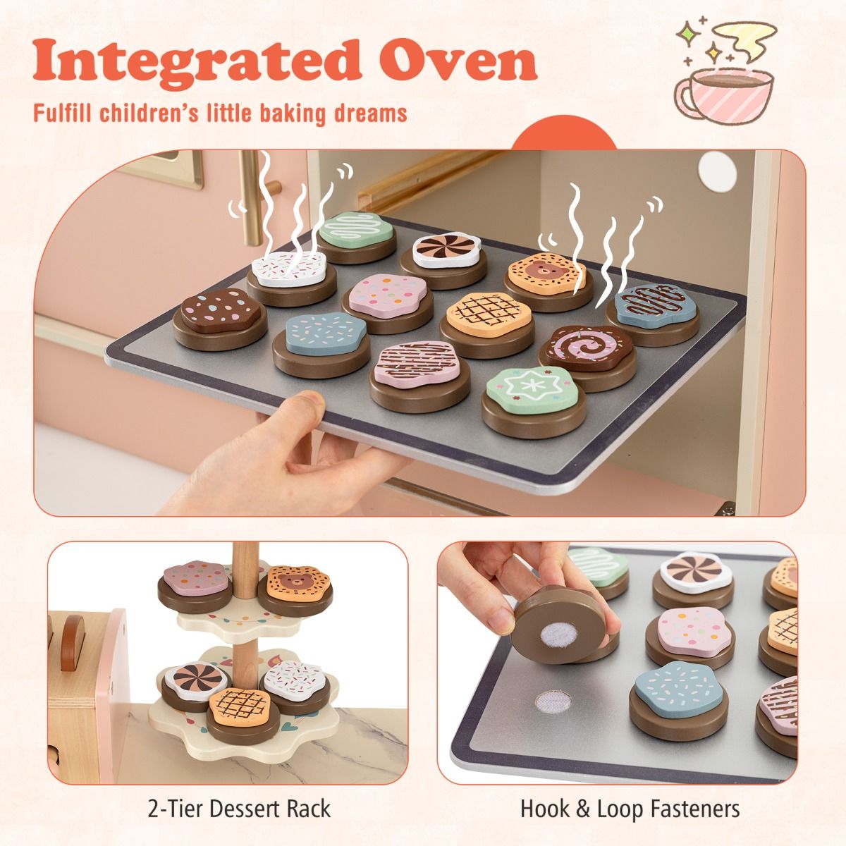 Cuisine jouet en bois Coast pour enfants - avec 25 accessoires - lumières et sons - rose