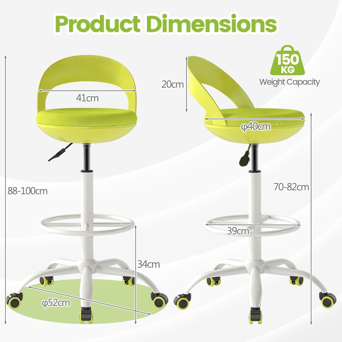 Chaise de travail réglable Coast avec roulettes - Tabouret pivotant ergonomique - Assise en similicuir - Vert