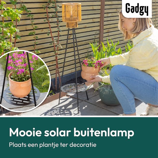 Lampadaire de jardin Gadgy Solar pour terrasse - Lampe d'extérieur à énergie solaire pour balcon et jardin - Lampe de jardin LED à trépied avec port USB - Lanterne d'extérieur - Rotin marron