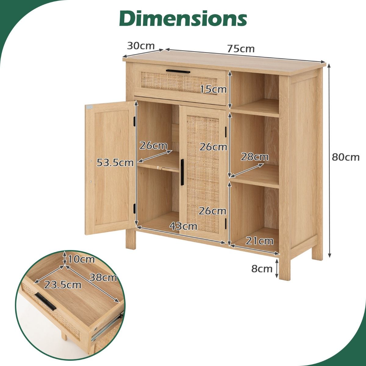Buffet en bois Coast - Portes et tiroir en rotin - Étagère réglable - Couleur naturelle 75 x 30 x 80 cm