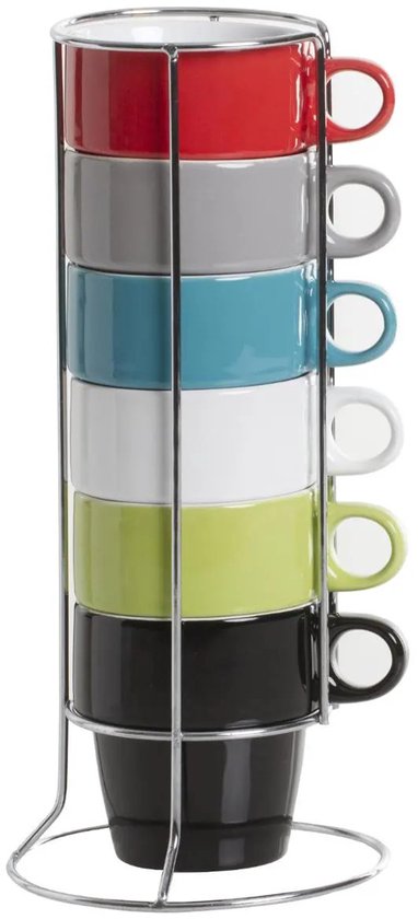 Tasses à café Secret de Gourmet Colorama - lot de 6 dans un présentoir métallique - Céramique - finition brillante - 260 ml - 8 x 9 cm