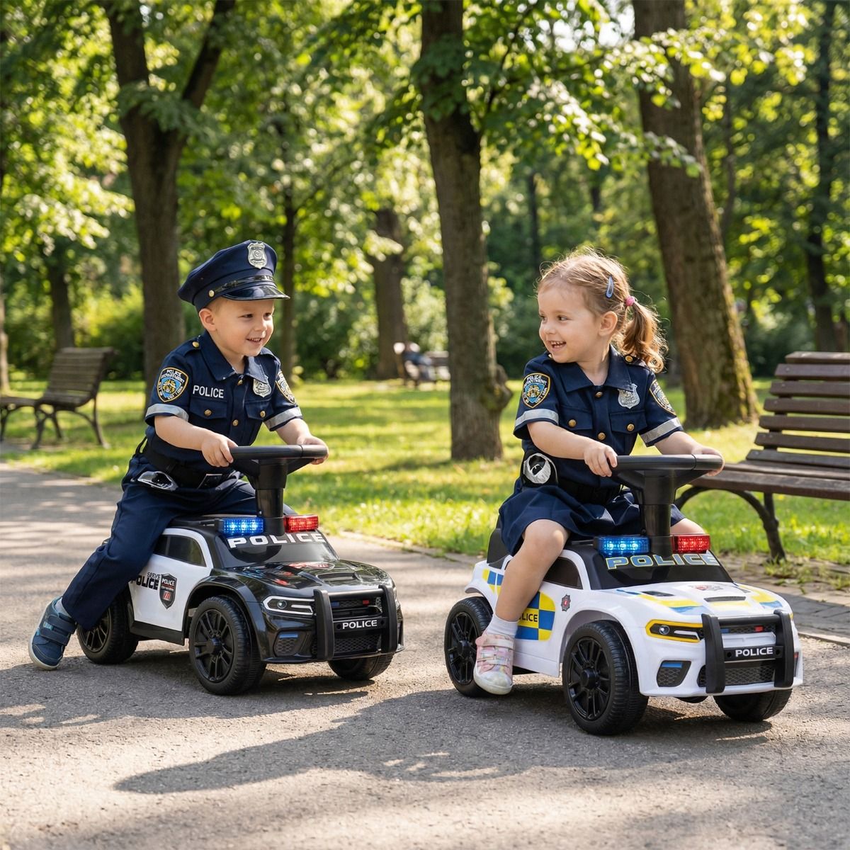 Voiture de police électrique Coast pour enfants - Gyrophares et musique - Espace de rangement sous le siège - Noir