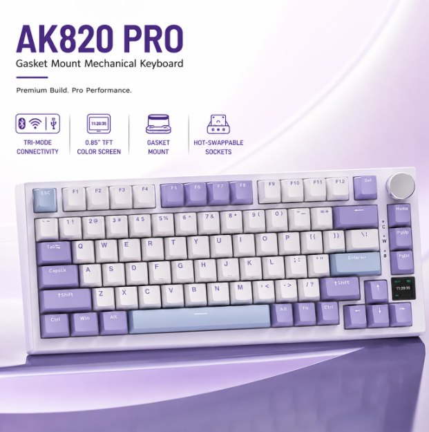Clavier mécanique AJAZZ AK820 Pro - 75 % - QWERTY US - Tri-mode - Écran TFT - RGB - Gris - Commutateurs Sea Salt Purple