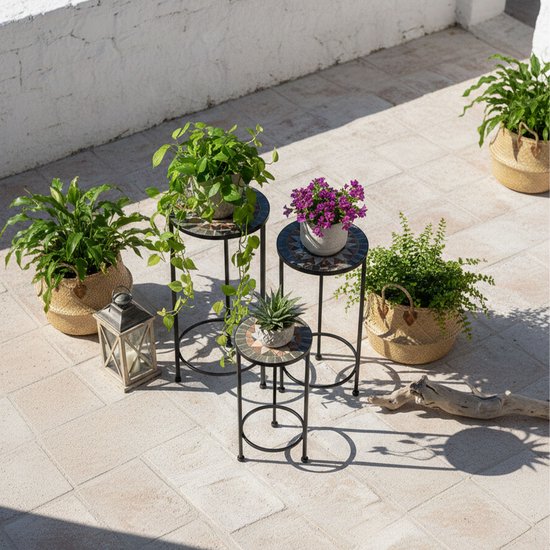 AXI Lola Table d'appoint ronde « Mozaïek » à motif étoile, gris/marron - Lot de 3 pièces – Tables d'appoint – Différentes dimensions – Aspect mosaïque – Incrustée de carreaux de céramique – Pour l'intérieur, le jardin, la terrasse et le balcon