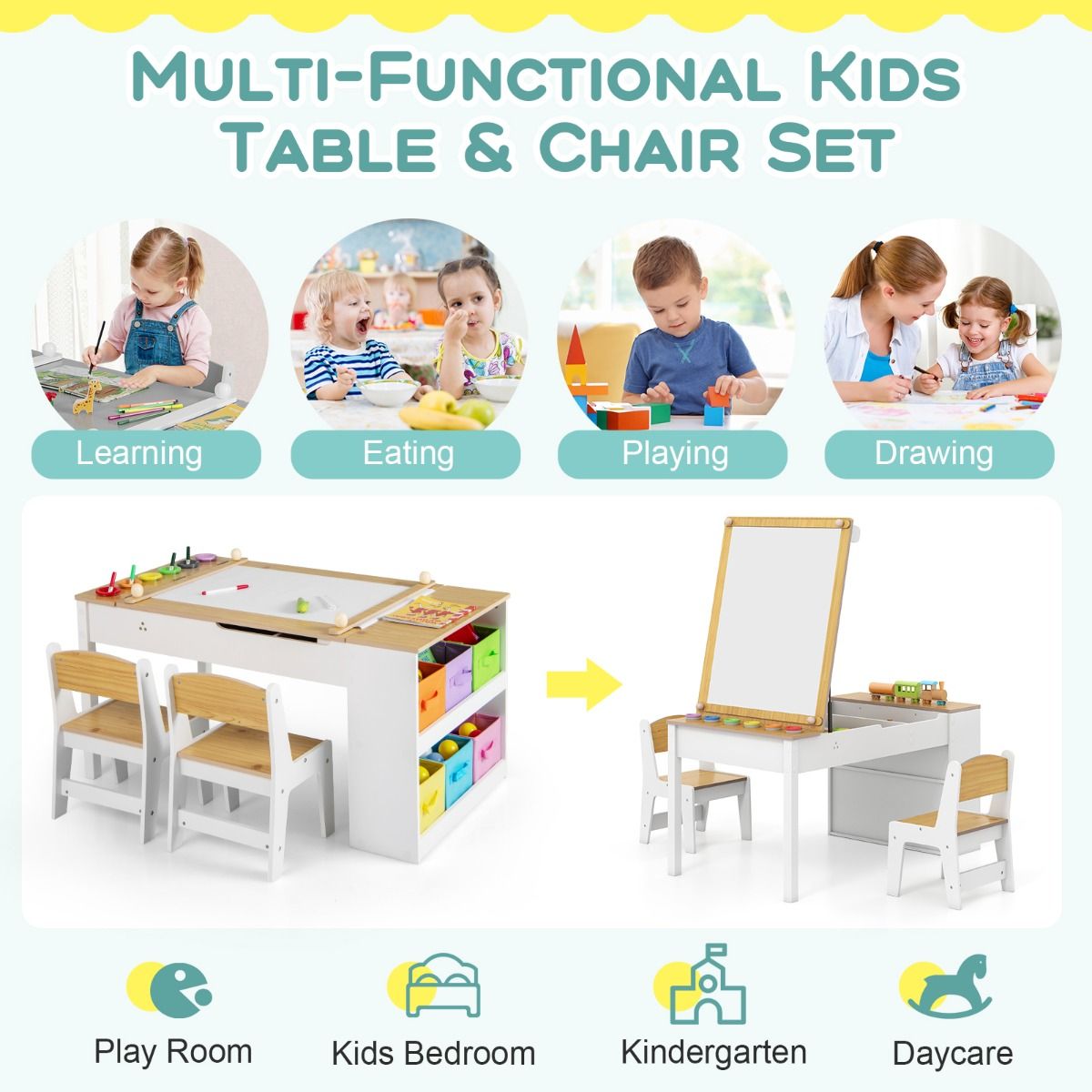Table d'art et ensemble de chevalets pour enfants Coast - conception multifonctionnelle 2-en-1 - avec 2 chaises - blanc et naturel