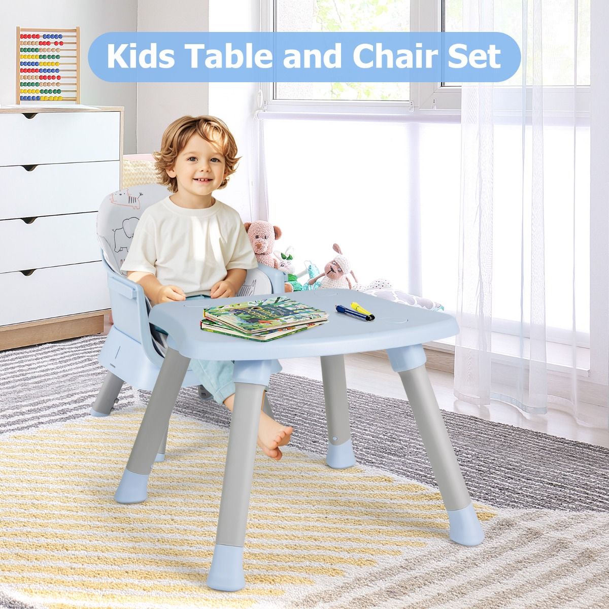 Chaise haute Coast 6-en-1 - Rehausseur et table à blocs de construction - Avec tabouret et harnais à 5 points - Gris clair