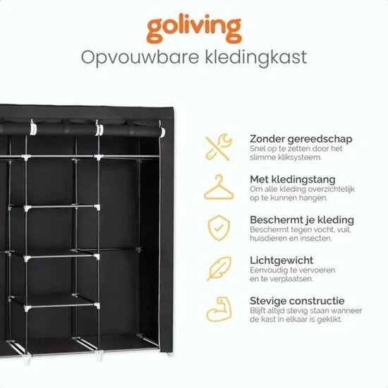 Goliving Penderie pliante - Penderie armoire - Penderie - Armoire pliante en tissu - Armoire de camping - 175x150x44 cm - Noir