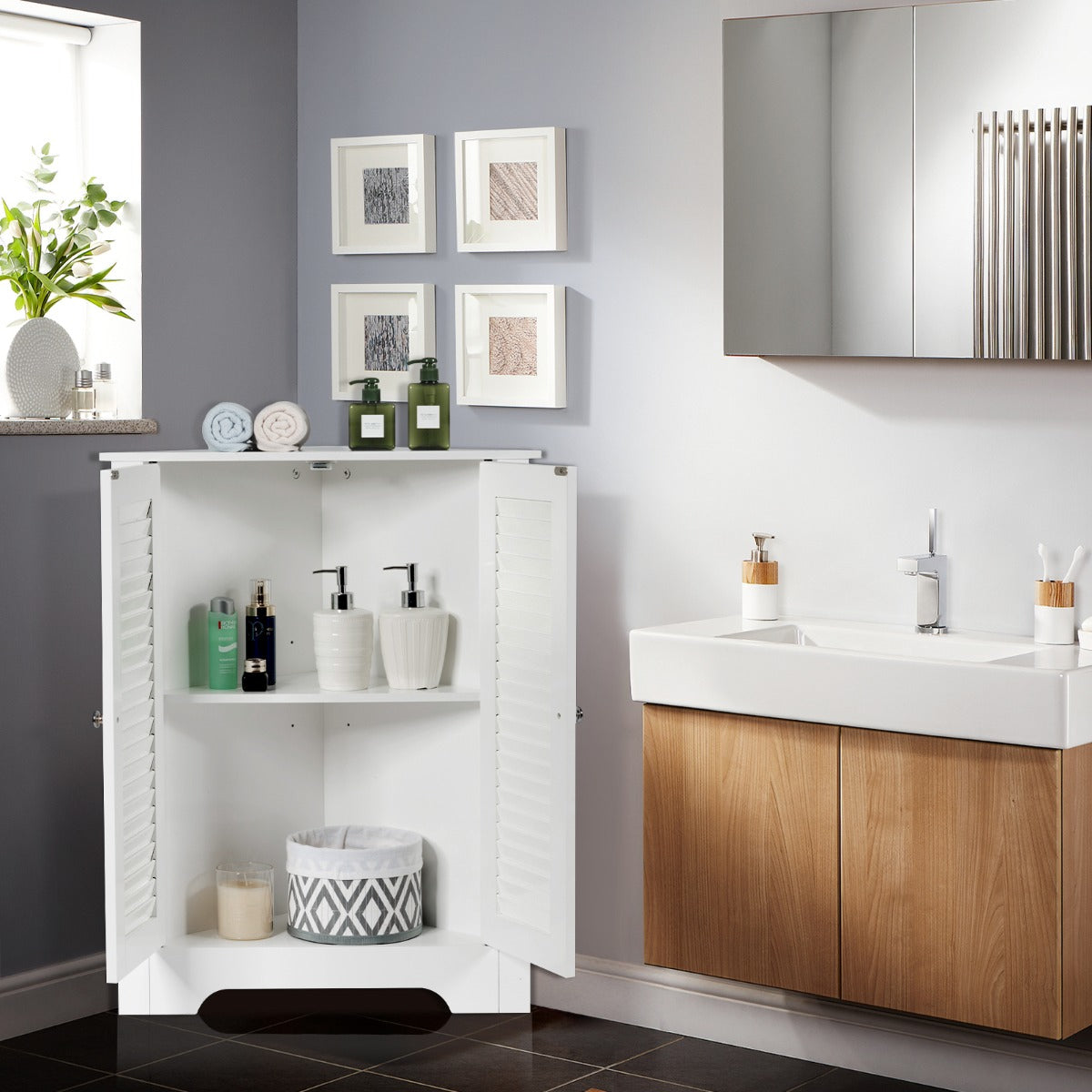 Armoire d'angle Coast - Porte à lamelles - Etagère réglable - MDF - 63 x 32 x 81,5 cm - Blanc