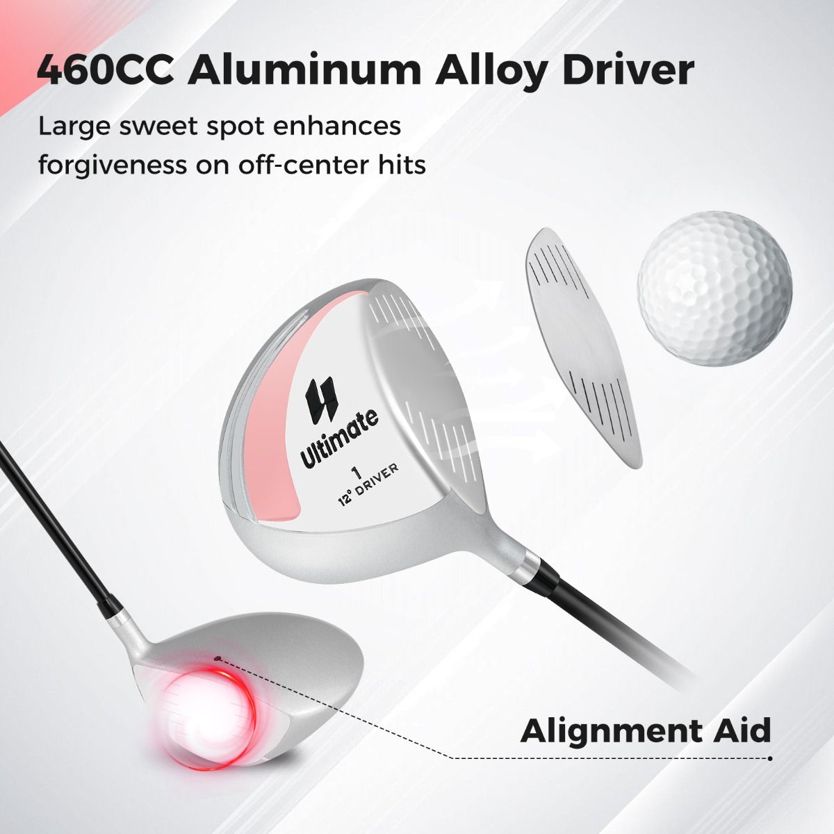 Driver de golf Coast pour femmes - Tête de club en aluminium de 460 cc - Manche en graphite - Noir et argent