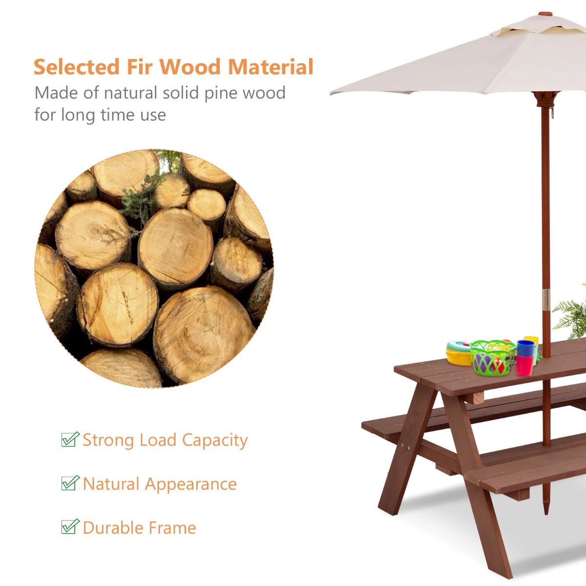 Table de pique-nique pour enfants Coast - Table d'extérieur 3-en-1 avec parasol amovible - bancs en bois - couleur noyer